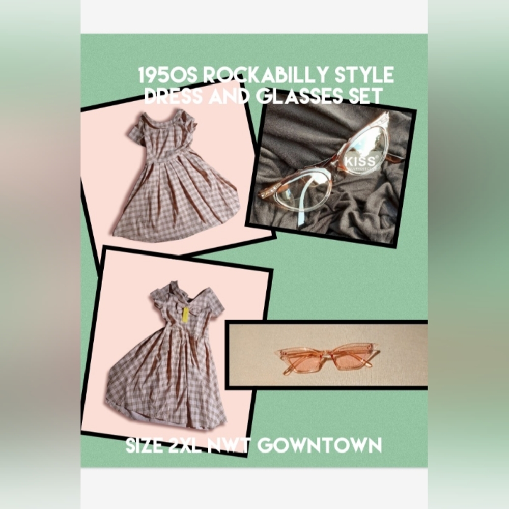 Rockabilly gowntown 1950s inspired swing dress and glasses set 2xl nwt